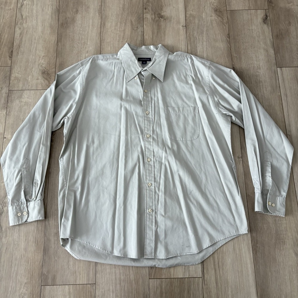 Lands End Shirt Mens XL Gray Beige Solid Cotton Button Up Long Sleeve‎ Pocket